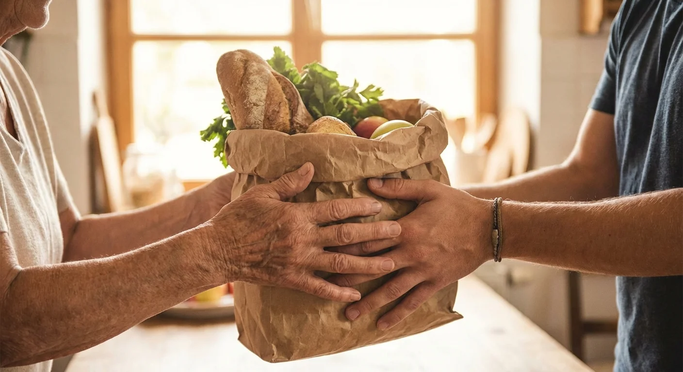 A close-up of hands sharing a bag of groceries, symbolizing community support.