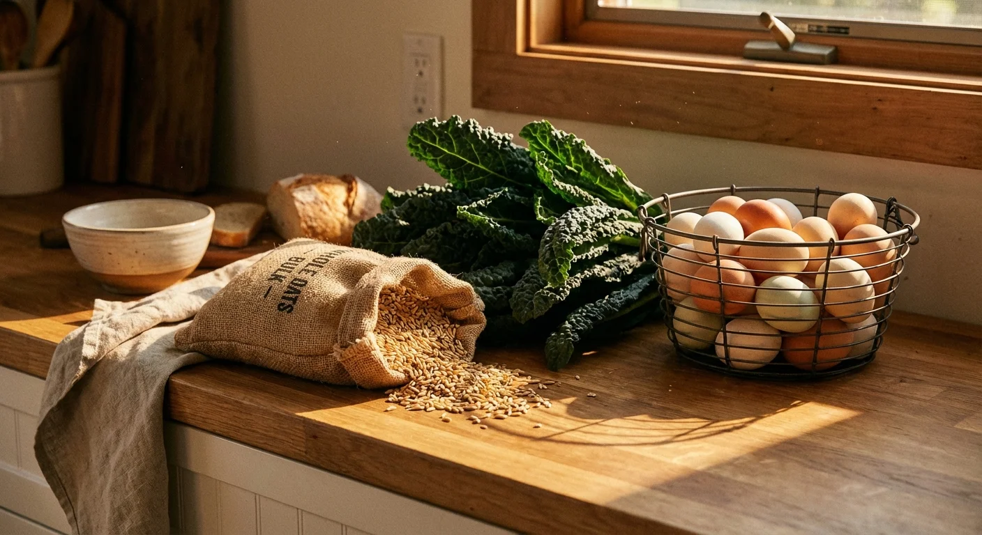 A collection of fresh, healthy, and affordable grocery staples on a sunlit counter.