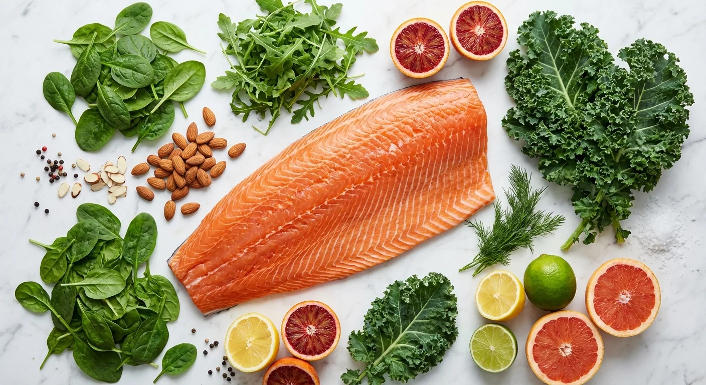 A colorful arrangement of healthy foods like salmon, greens, and nuts.