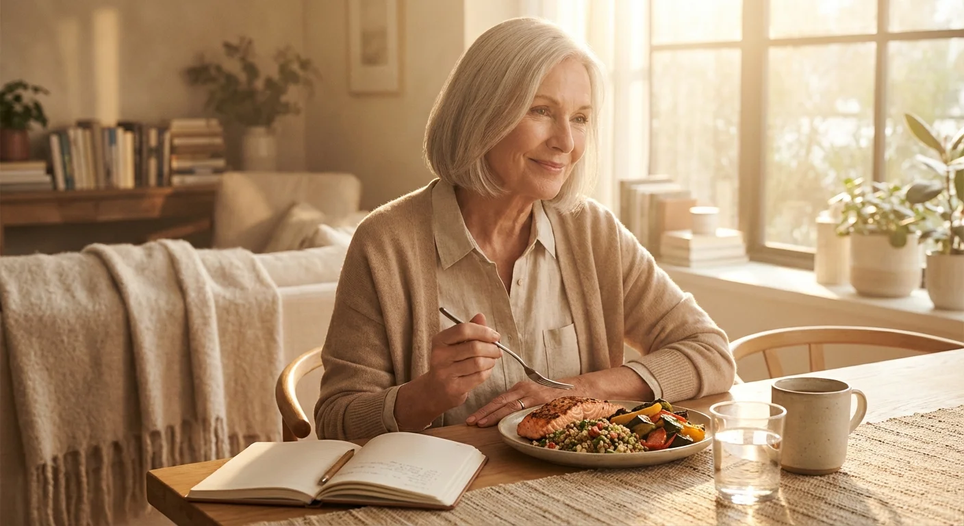 A contented senior woman enjoying a nutritious, budget-friendly meal in her sun-drenched dining area.