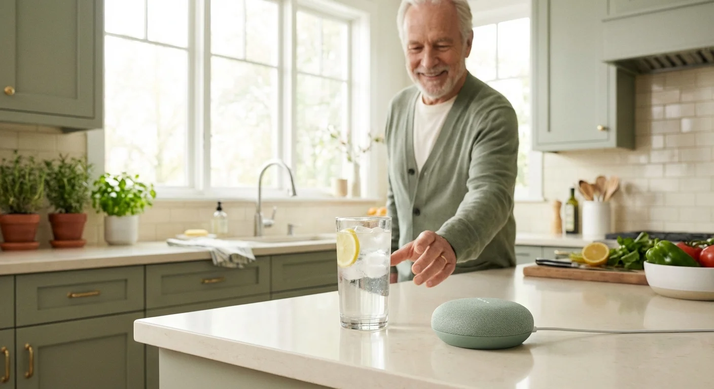 A glass of water next to a smart speaker in a sunlit kitchen, representing health reminders.