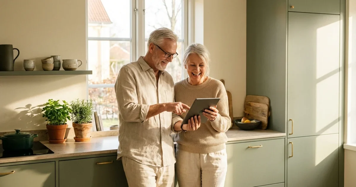 A happy senior couple looking at a tablet in a bright, modern kitchen.
