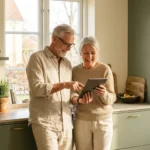 A happy senior couple looking at a tablet in a bright, modern kitchen.