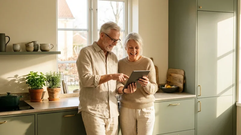 A happy senior couple looking at a tablet in a bright, modern kitchen.