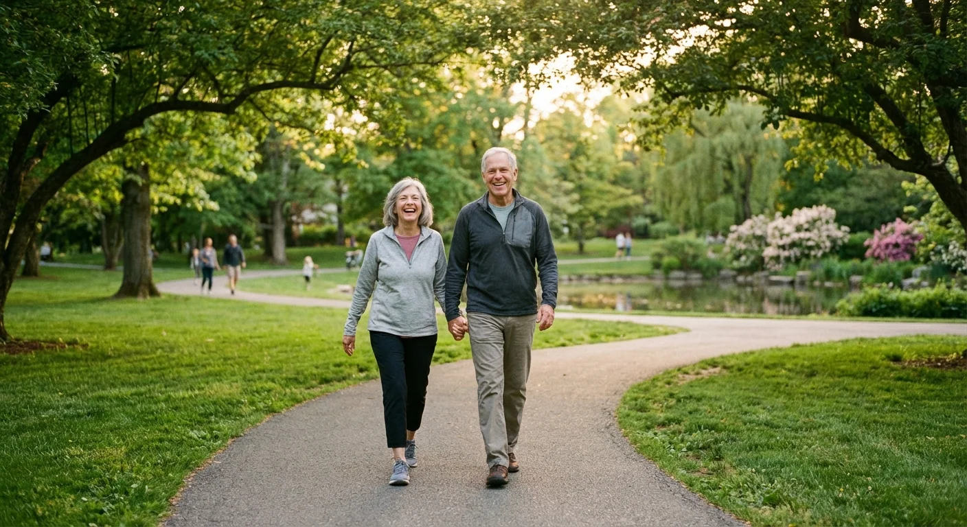A happy senior couple walks through a lush, sunny park, enjoying a high-quality retirement environment.