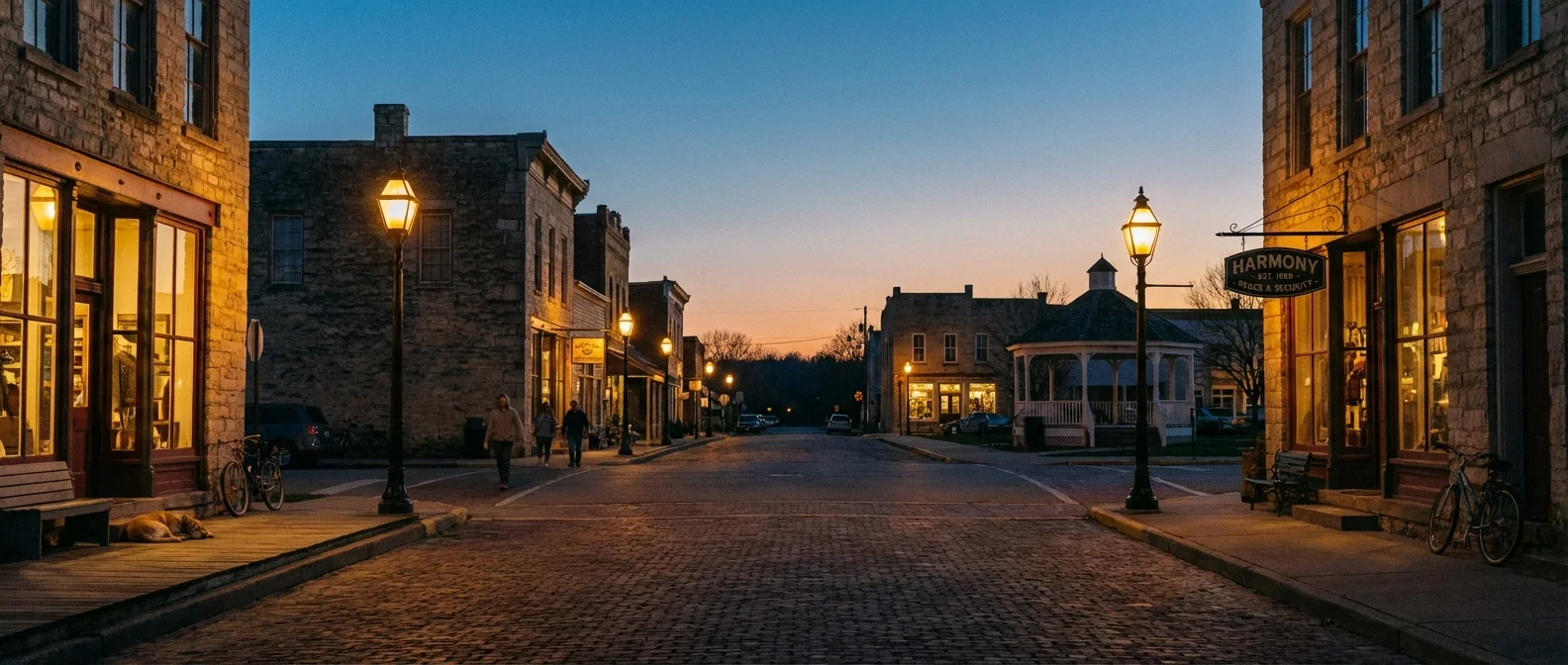 A peaceful, well-lit small-town street at dusk, conveying a sense of safety.