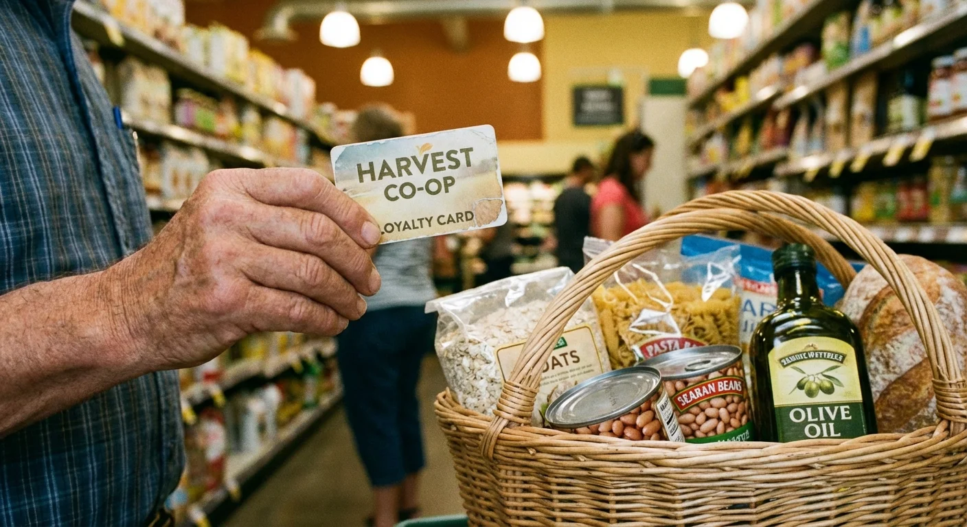 A person holding a grocery loyalty card over a basket of food items.