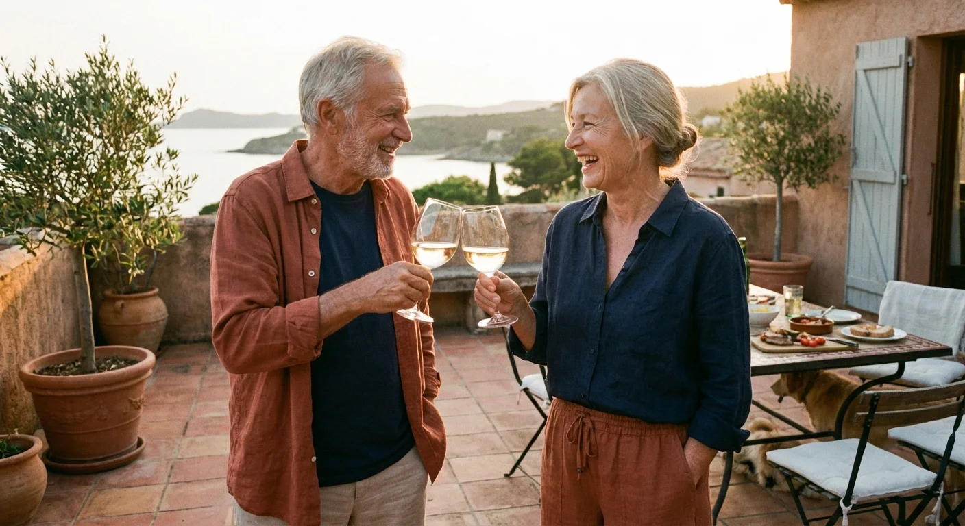 A senior couple celebrating on a patio at sunset.