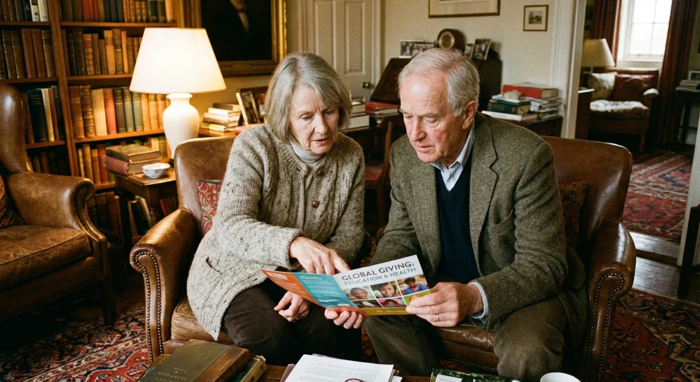 A senior couple discussing a charity brochure in their home library.