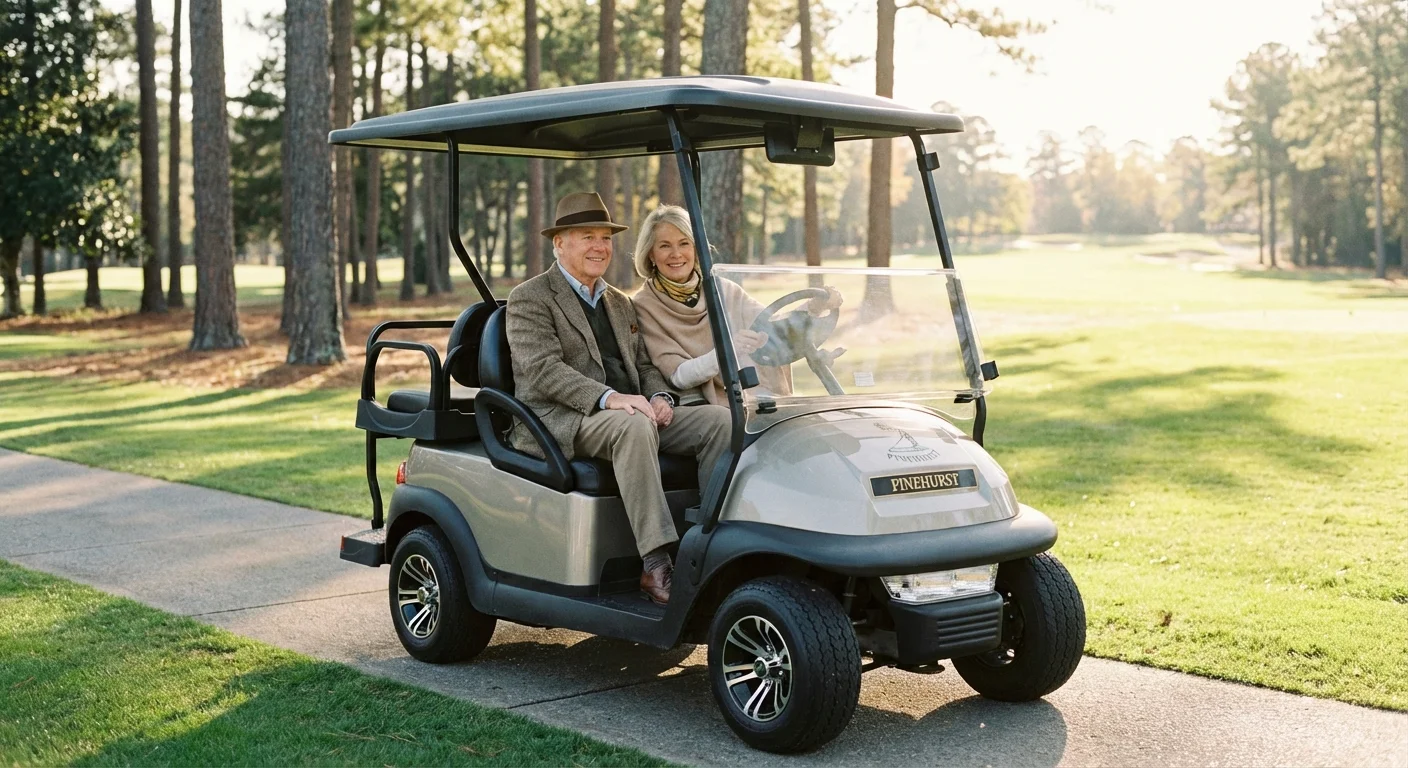 A senior couple drives a golf cart through a lush, secure neighborhood in Pinehurst.