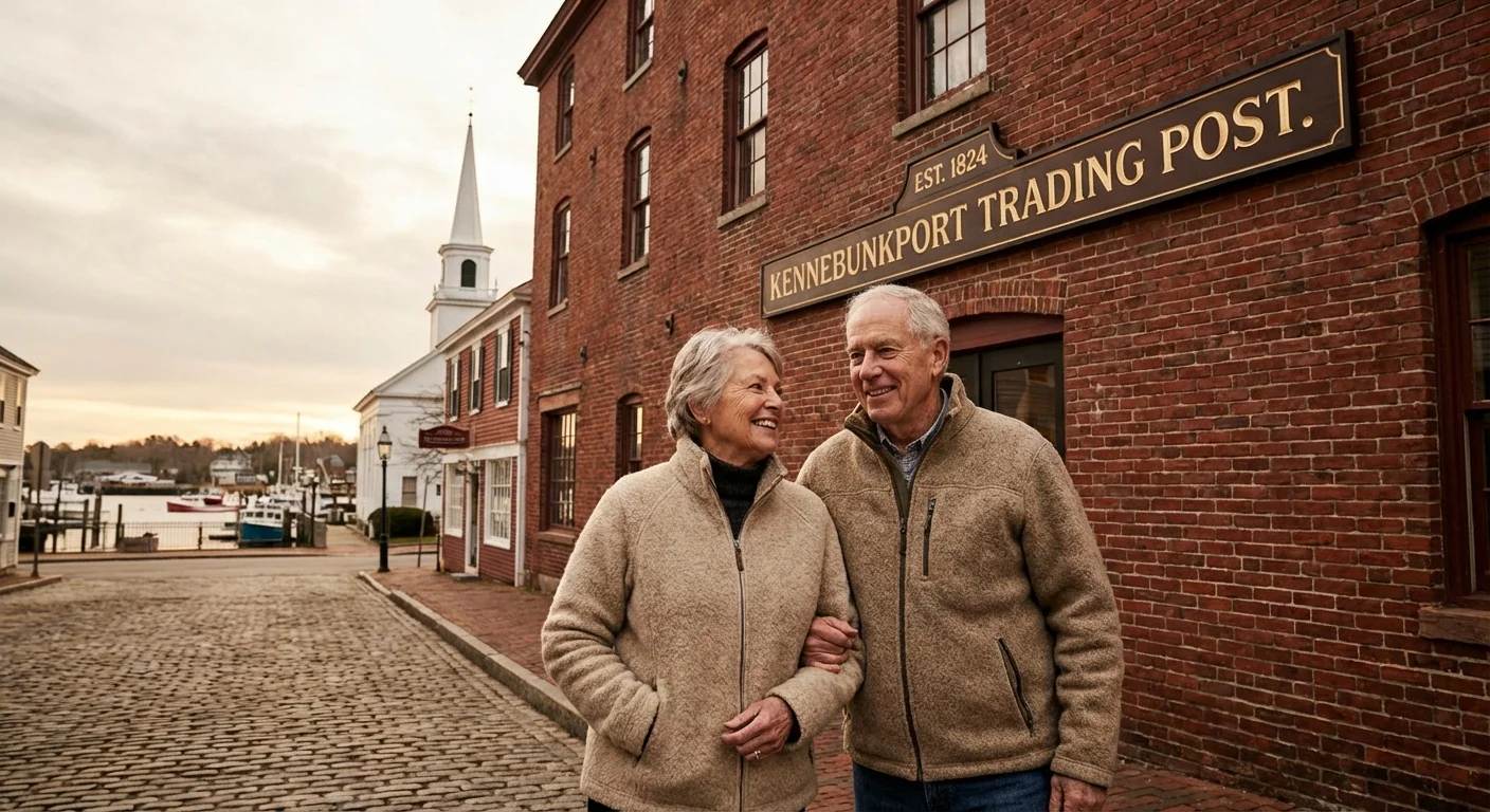 A senior couple explores the historic and peaceful streets of Kennebunk, Maine.