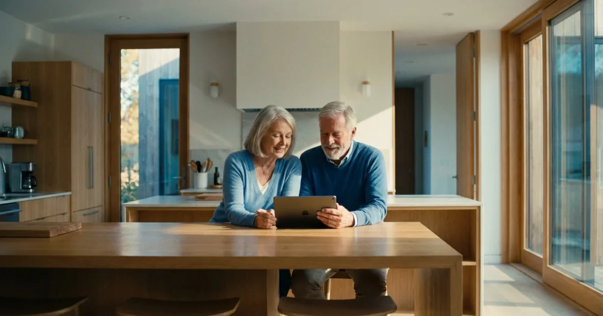 A senior couple looking at a tablet in a bright kitchen, appearing happy and relieved.