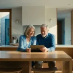 A senior couple looking at a tablet in a bright kitchen, appearing happy and relieved.