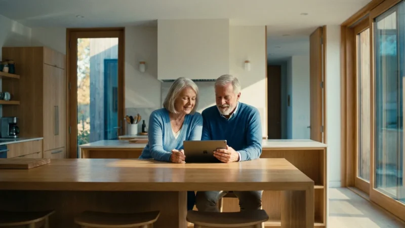 A senior couple looking at a tablet in a bright kitchen, appearing happy and relieved.