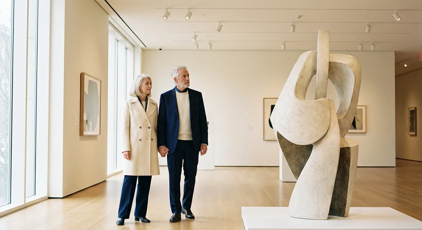 A senior couple looking at art in a modern museum.
