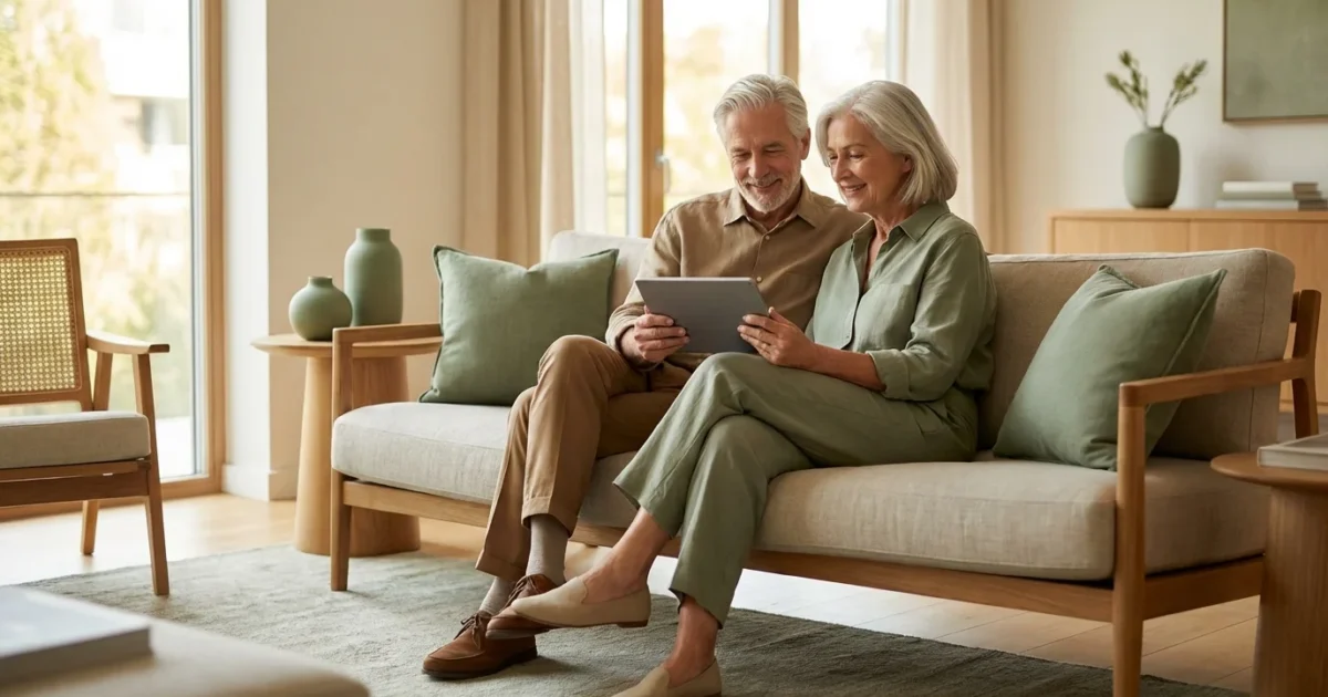 A senior couple looking confidently at a tablet in a bright, modern living room.
