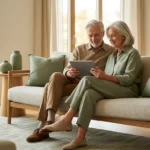 A senior couple looking confidently at a tablet in a bright, modern living room.