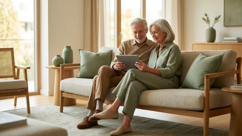 A senior couple looking confidently at a tablet in a bright, modern living room.