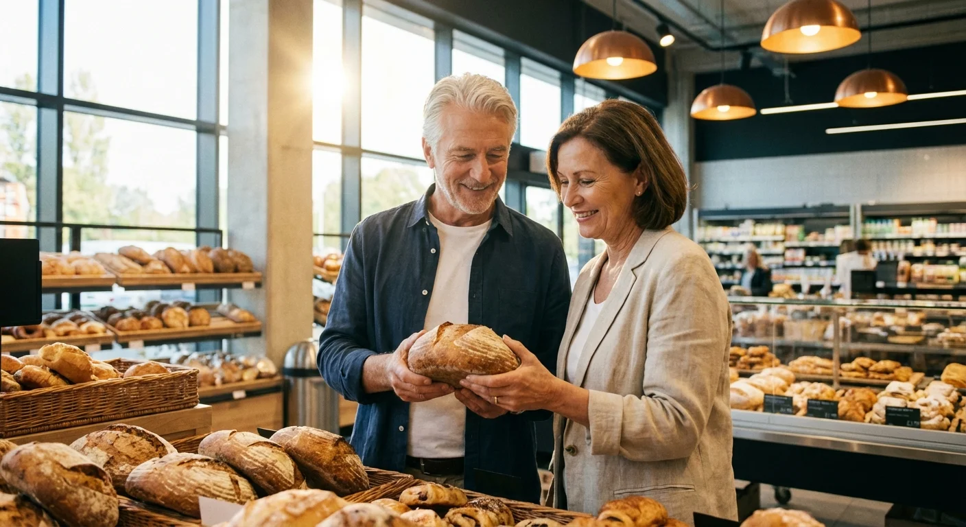 A senior couple shopping for fresh bread in a well-lit supermarket bakery.