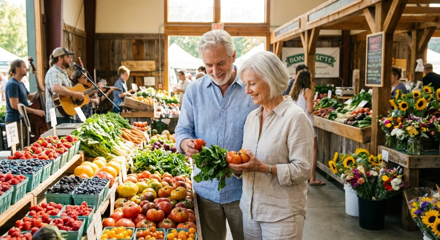 A senior couple shopping for fresh produce at an outdoor market.