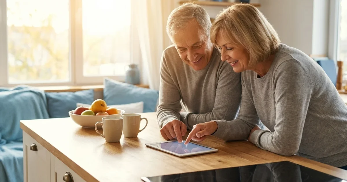 A senior couple smiles while looking at a tablet in a bright kitchen, representing financial peace of mind.
