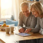 A senior couple smiles while looking at a tablet in a bright kitchen, representing financial peace of mind.