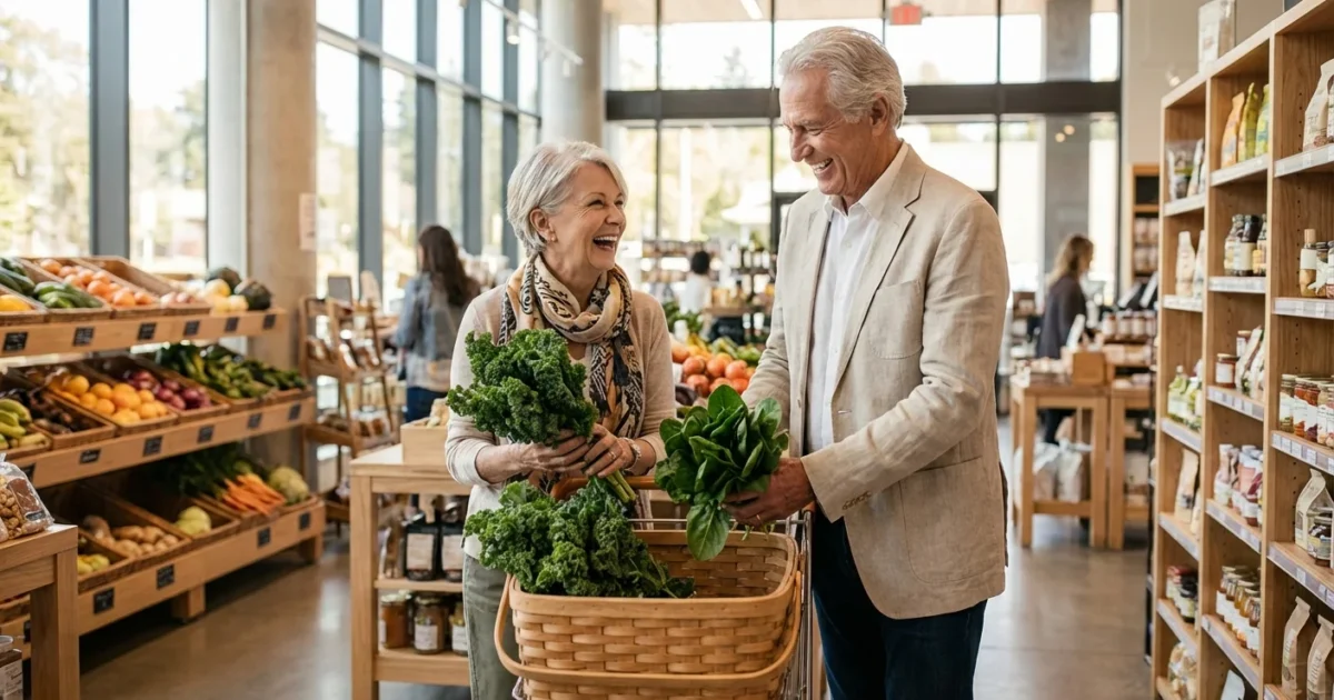 A senior couple smiling while shopping for fresh produce in a bright, sunlit modern grocery store.