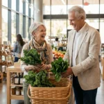 A senior couple smiling while shopping for fresh produce in a bright, sunlit modern grocery store.
