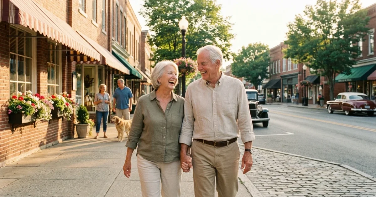 A senior couple walks hand-in-hand down a safe, sun-drenched small-town street with historic buildings.
