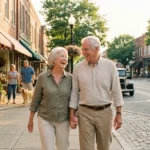 A senior couple walks hand-in-hand down a safe, sun-drenched small-town street with historic buildings.