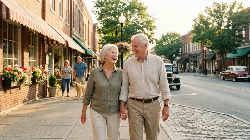 A senior couple walks hand-in-hand down a safe, sun-drenched small-town street with historic buildings.