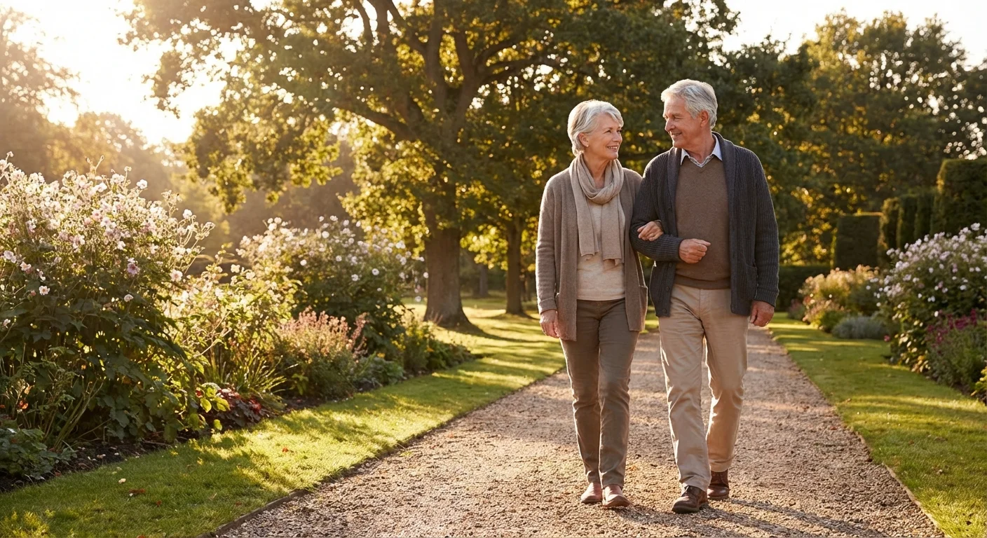 A senior couple walks together in a park, representing spousal support and shared benefits.