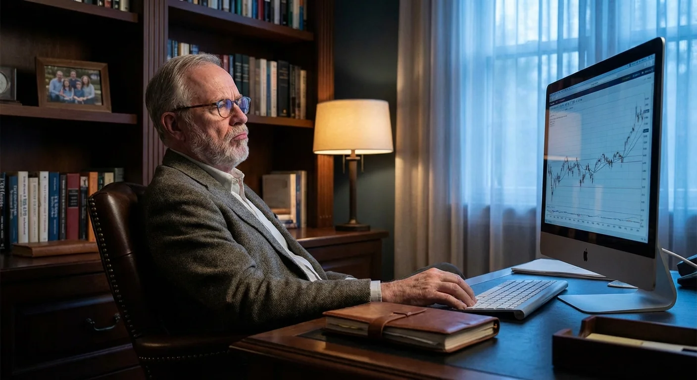 A senior looking skeptically at a computer screen in a home office.