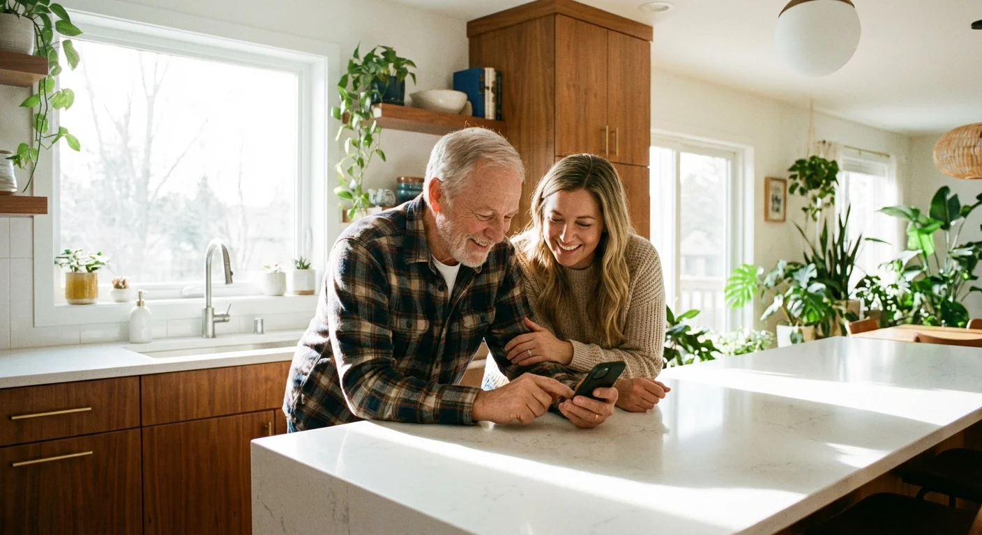 A senior man and his daughter looking at a phone together in a kitchen.