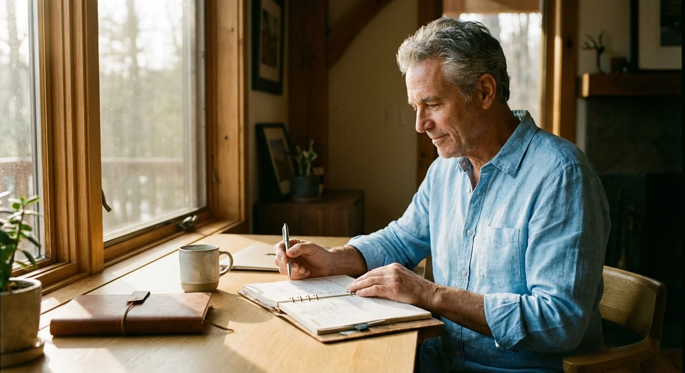 A senior man calmly reviews his retirement plans at a sunlit desk.
