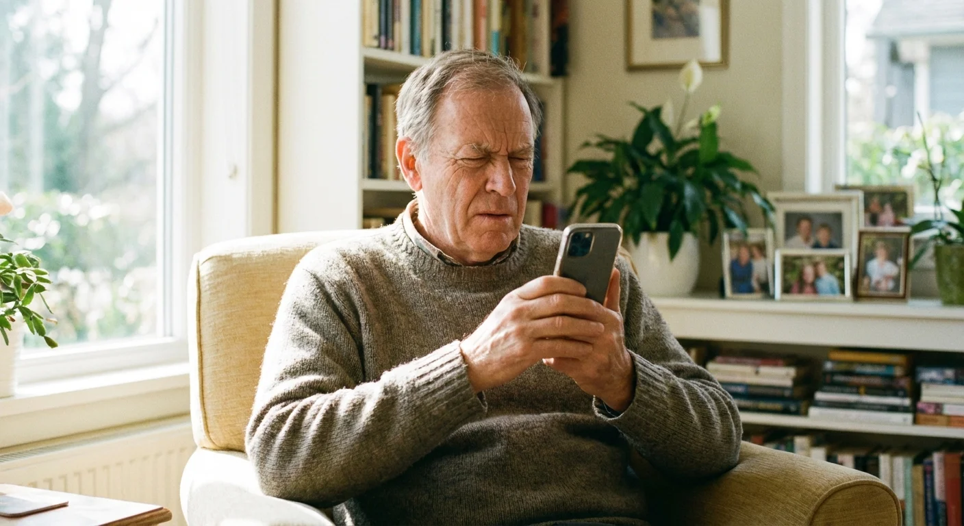 A senior man carefully looking at his phone, appearing cautious and informed.