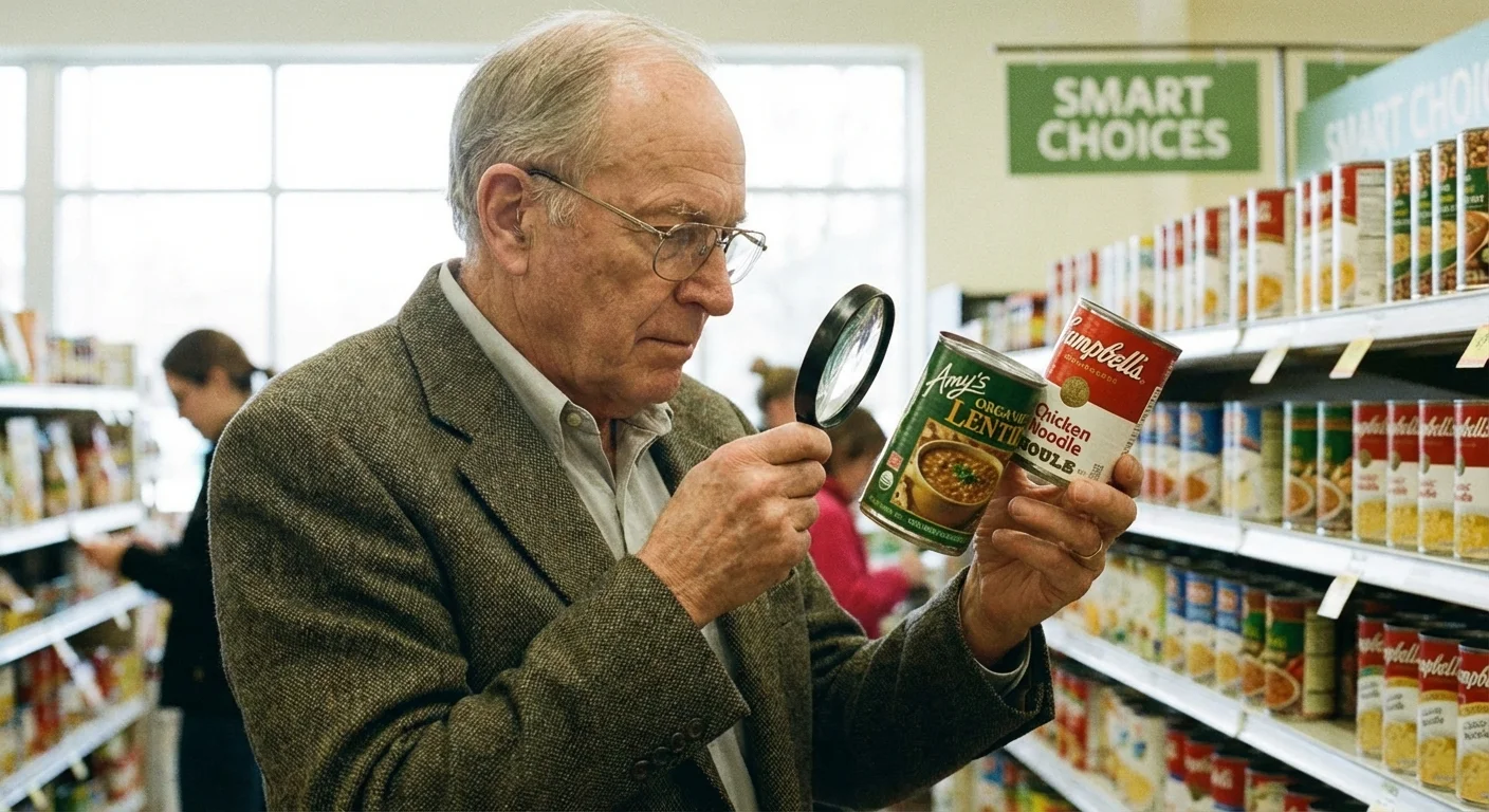 A senior man comparing prices and labels on items in a grocery aisle.