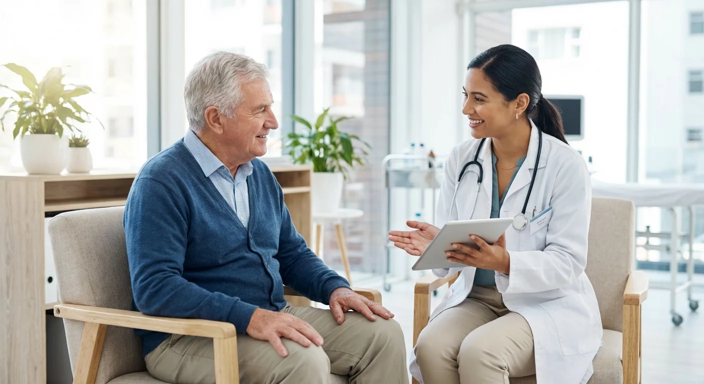 A senior man consulting with a doctor in a bright, modern medical office.