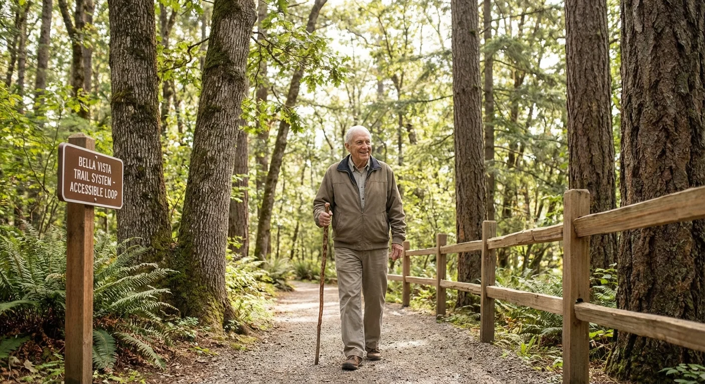 A senior man hikes a safe, sunlit wooded trail in Bella Vista, Arkansas.