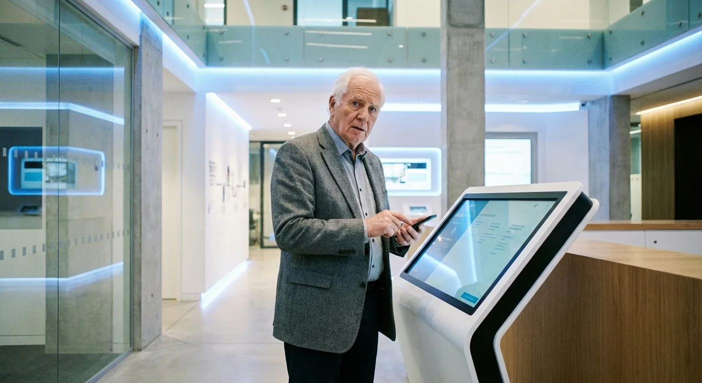 A senior man looking at his phone near a modern digital kiosk.