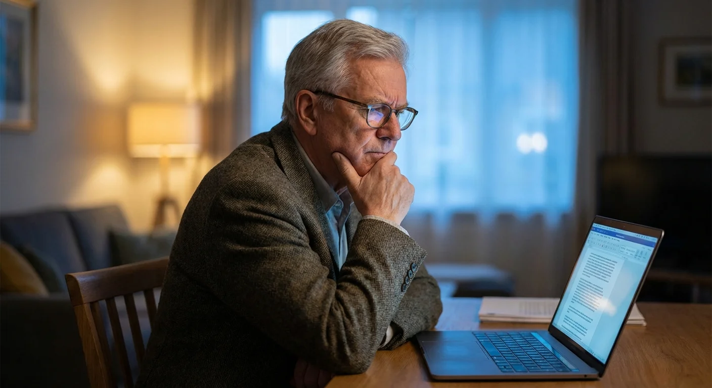 A senior man looking carefully at a laptop screen in a home setting.