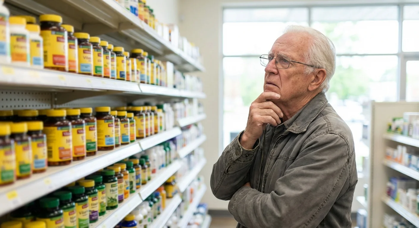 A senior man looking overwhelmed while standing in a pharmacy aisle full of supplements.