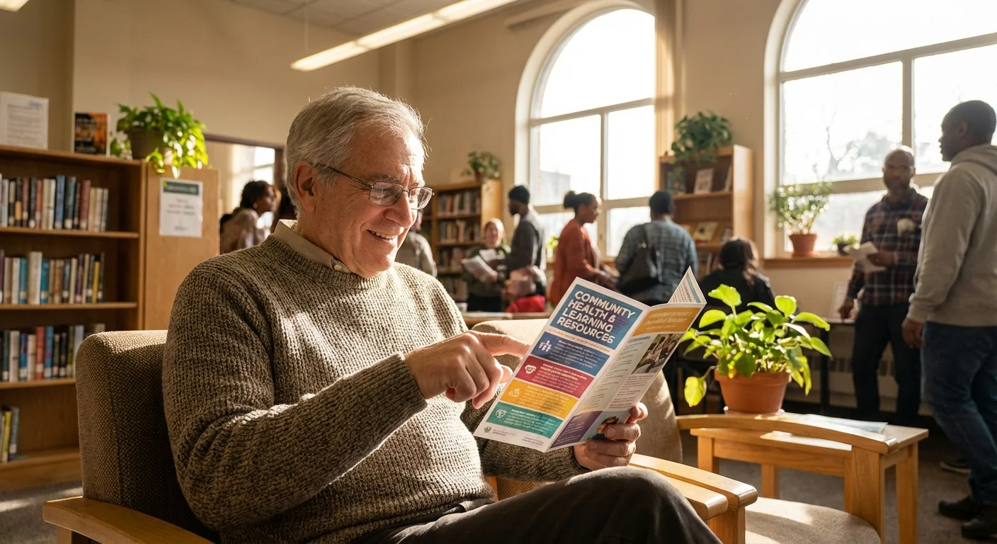 A senior man reading an informational brochure in a well-lit community room.