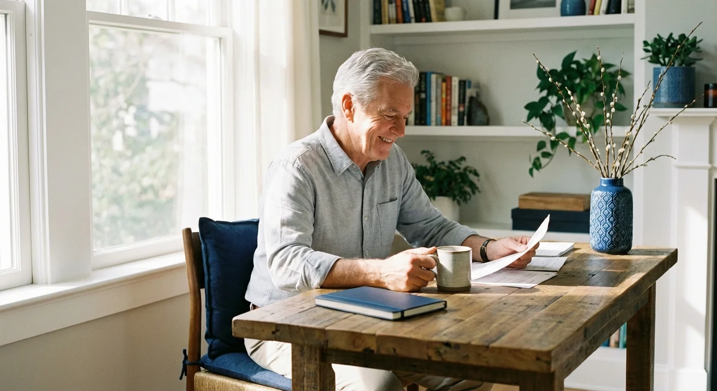 A senior man reviewing insurance documents at a sunlit desk.
