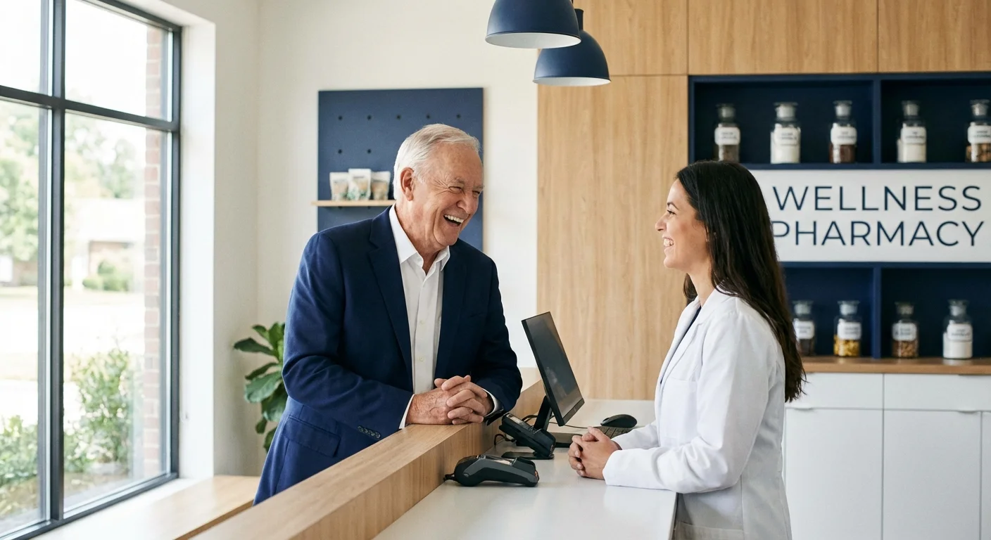 A senior man talking to a pharmacist in a bright, modern pharmacy.
