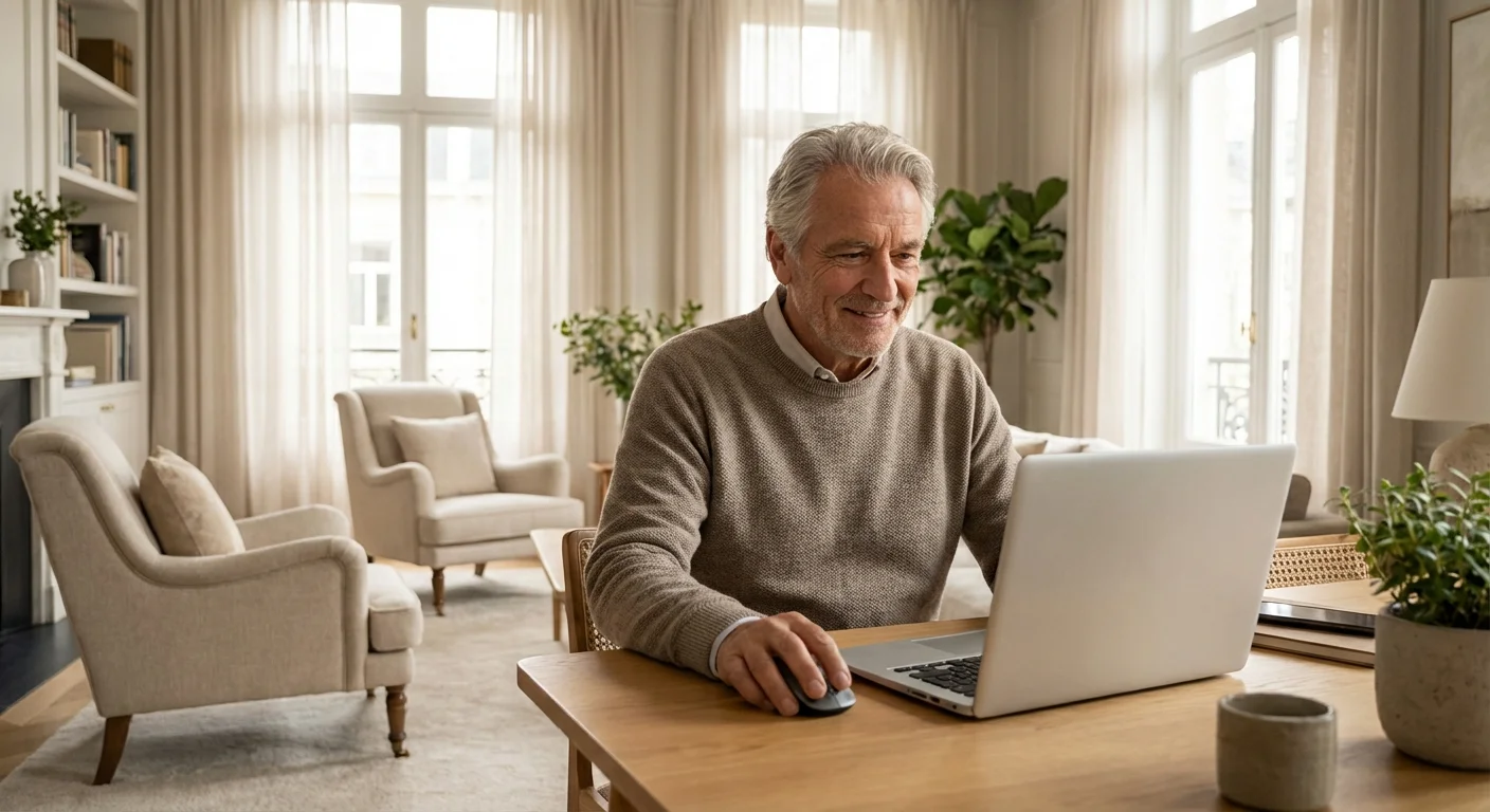 A senior man using a laptop with a look of renewed confidence and optimism.