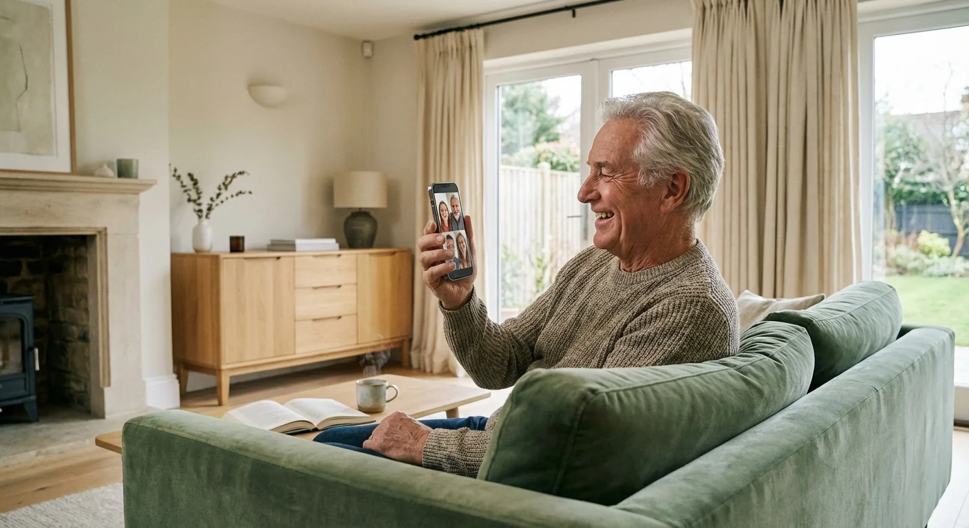 A senior man using a smartphone for a video call in a modern living room.