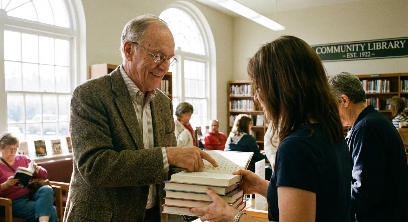 A senior man working at a library desk and smiling.