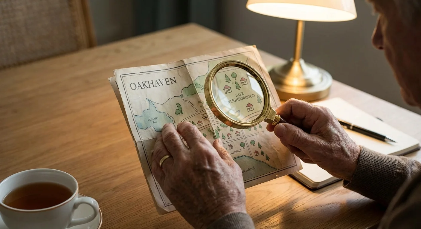 A senior researches potential retirement towns using a map and magnifying glass.