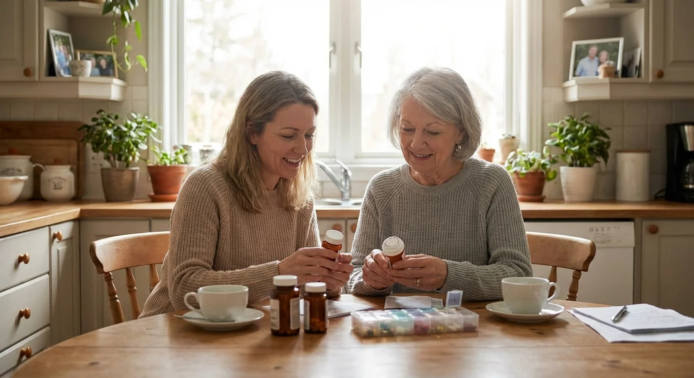 A senior woman and her daughter organizing medications at a kitchen table.